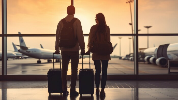 © Denis, stock.adobe.com Junges Paar am Flughafen wartend